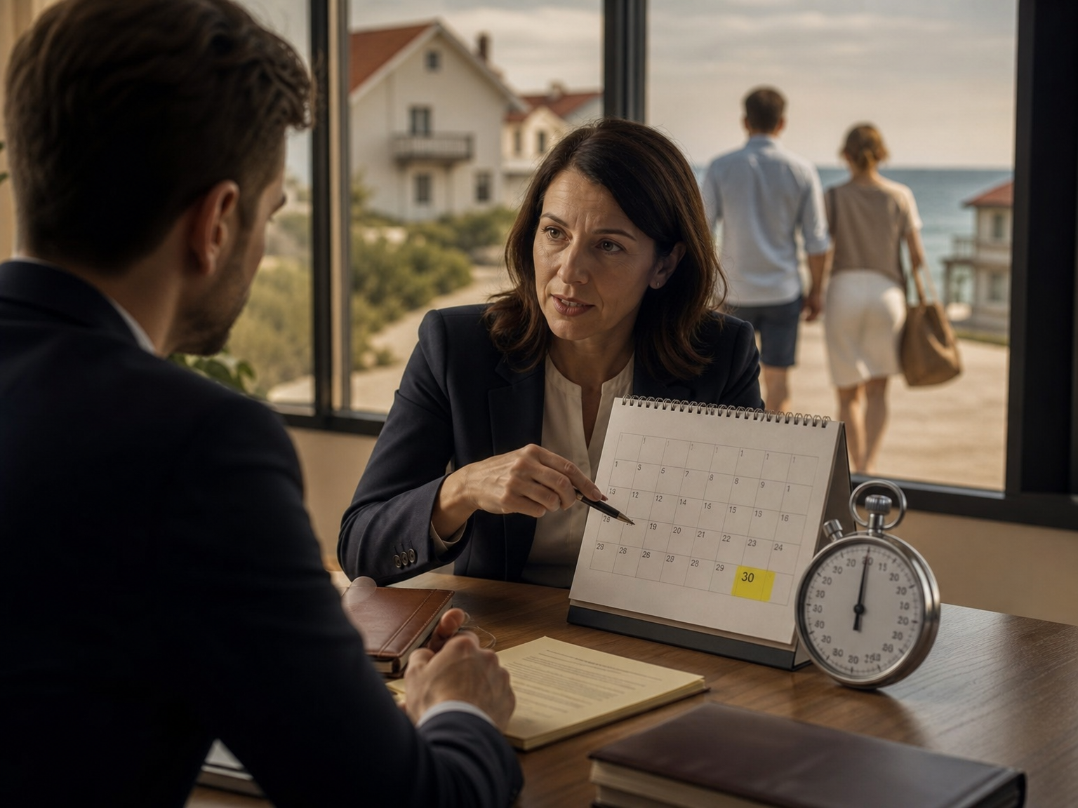 Advokat pokazuje klijentu kalendar sa istaknutim datumom 30. jun i štopericu koja odbrojava, dok su u pozadini vidljivi neiskorišćeni letnjikovci i leđa koja se okreću - vizualizacija proteka zakonskog roka koji radi za ili protiv zaposlenog